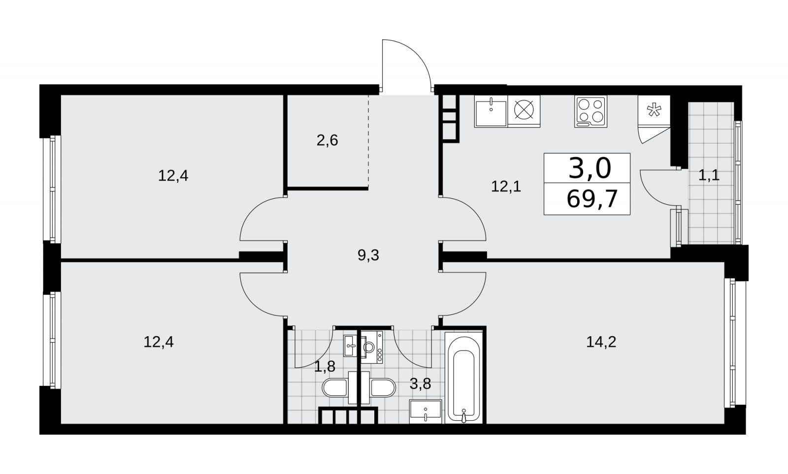 3-комнатная квартира без отделки, 69.7 м2, 14 этаж, сдача 1 квартал 2026 г., ЖК Прокшино, корпус 10.1.1 - объявление 2226820 - фото №1