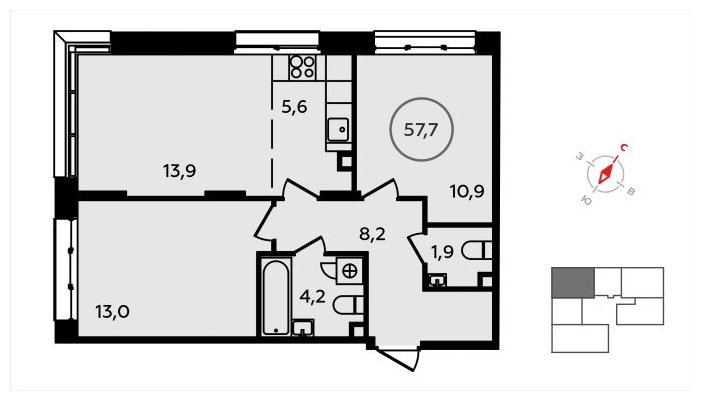 3-комнатная квартира (евро) без отделки, 57.7 м2, 2 этаж, сдача 3 квартал 2024 г., ЖК Скандинавия, корпус 22.2 - объявление 1625345 - фото №1