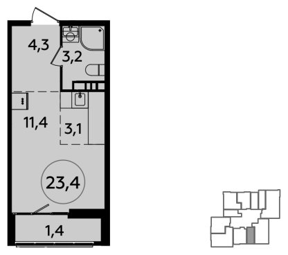 Студия с частичной отделкой, 23.4 м2, 11 этаж, сдача 1 квартал 2024 г., ЖК Южные сады, корпус 1.5 - объявление 2287072 - фото №1