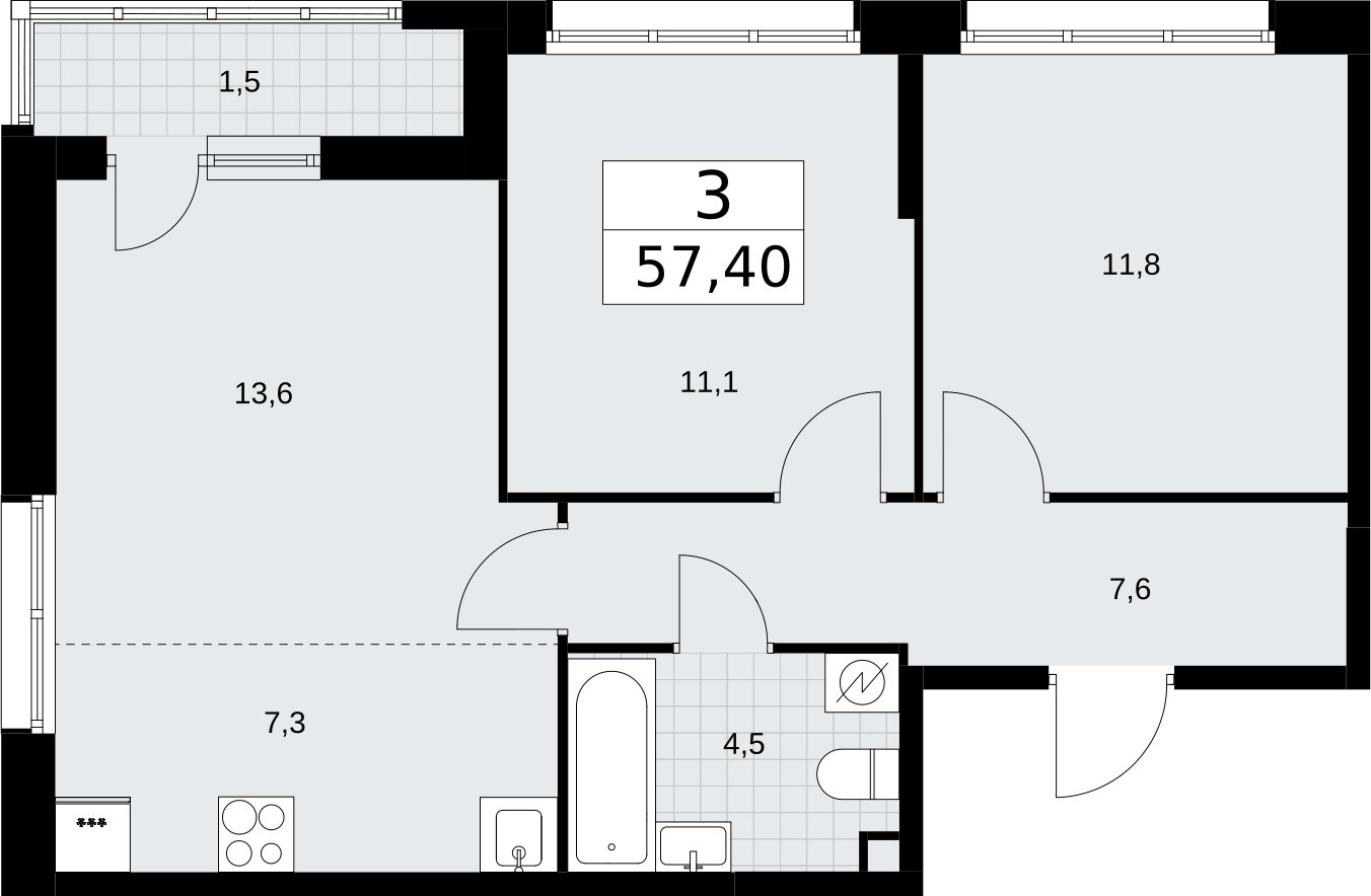 3-комнатная квартира (евро) с полной отделкой, 57.4 м2, 2 этаж, сдача 4 квартал 2026 г., ЖК Родные кварталы, корпус 3.3 - объявление 2378454 - фото №1