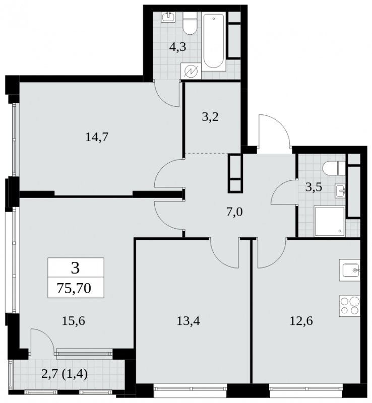 3-комнатная квартира с частичной отделкой, 75.7 м2, 29 этаж, сдача 2 квартал 2025 г., ЖК Южные сады, корпус 2.1 - объявление 1760081 - фото №1