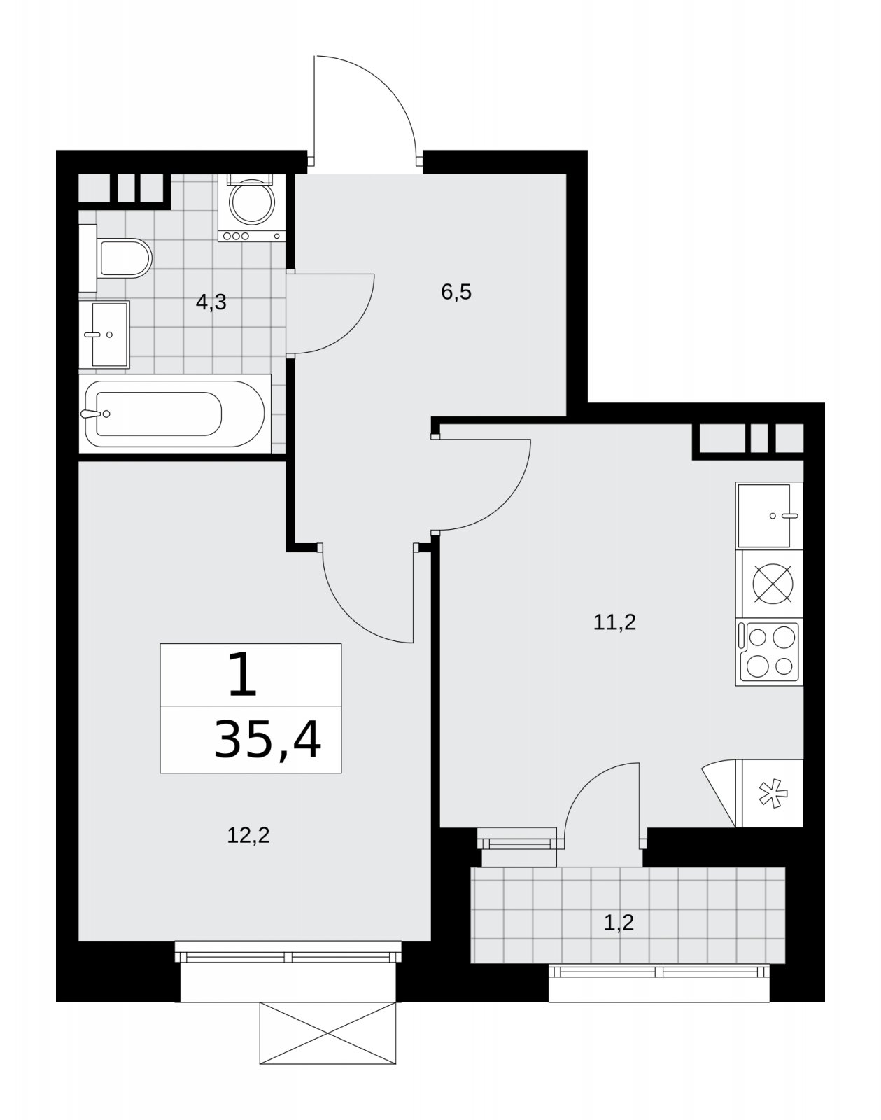 1-комнатная квартира без отделки, 35.4 м2, 5 этаж, сдача 4 квартал 2025 г., ЖК Бунинские кварталы, корпус 6.4 - объявление 2252723 - фото №1