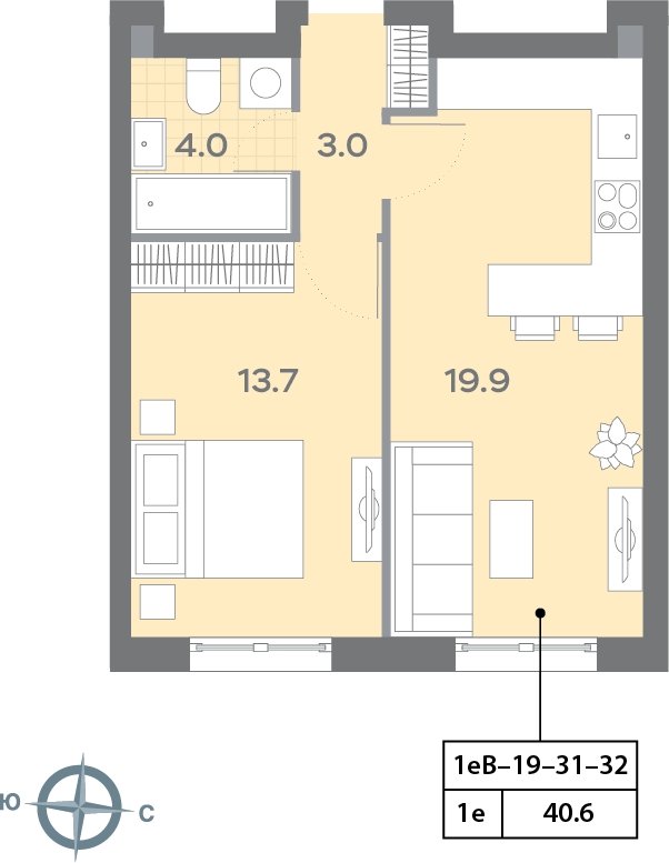 1-комнатная квартира с полной отделкой, 40.6 м2, 31 этаж, сдача 3 квартал 2025 г., ЖК Дмитровское небо, корпус 1 - объявление 2268253 - фото №1