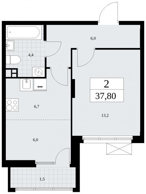 2-комнатная квартира (евро) без отделки, 37.8 м2, 3 этаж, сдача 1 квартал 2025 г., ЖК Бунинские кварталы, корпус 2.5 - объявление 1882673 - фото №1