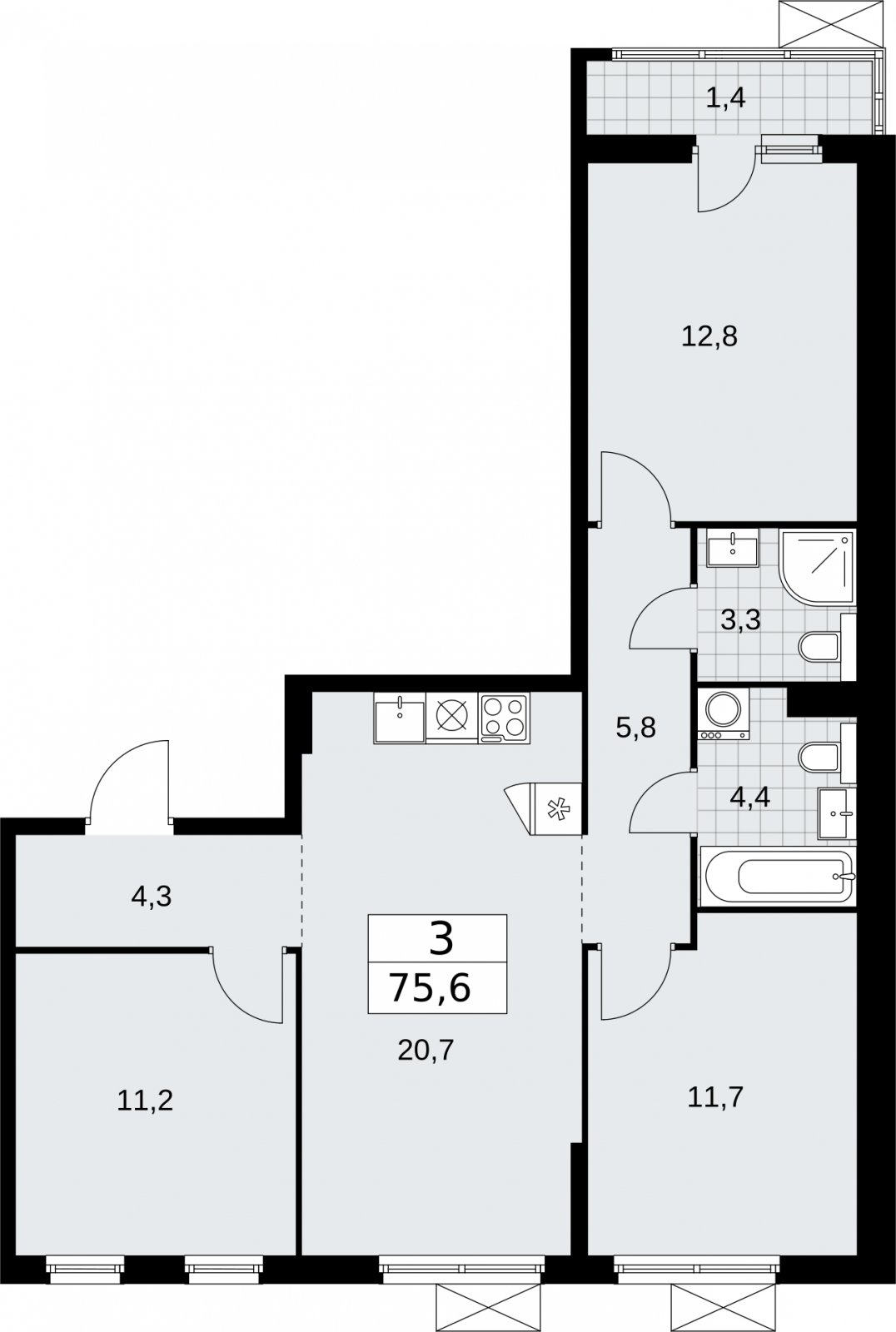 3-комнатная квартира без отделки, 75.6 м2, 3 этаж, сдача 2 квартал 2026 г., ЖК Бунинские кварталы, корпус 7.3 - объявление 2313602 - фото №1