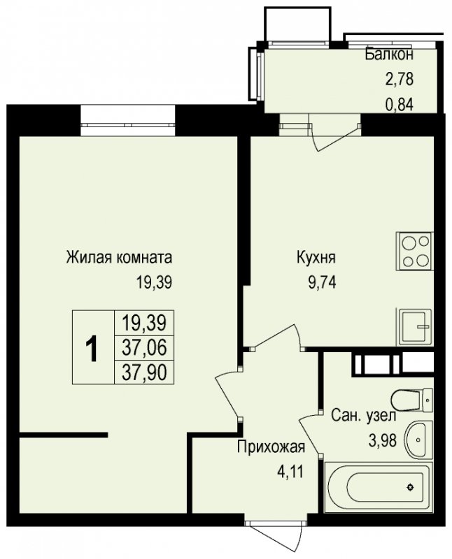 1-комнатная квартира без отделки, 38.06 м2, 2 этаж, дом сдан, ЖК Новая Щербинка, корпус 13 - объявление 1631261 - фото №1