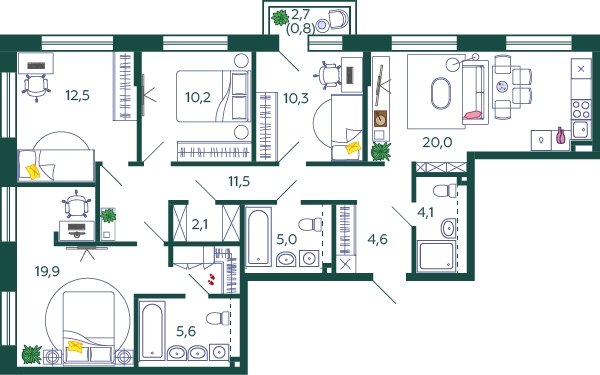 4-комнатная квартира без отделки, 106.6 м2, 9 этаж, сдача 4 квартал 2023 г., ЖК SHAGAL, корпус 1.2 - объявление 2071955 - фото №1