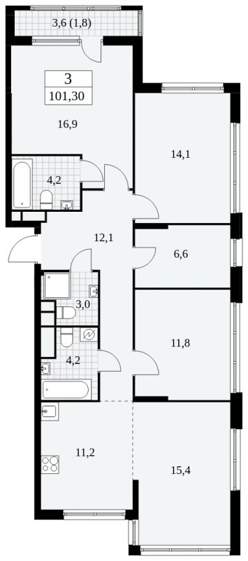 3-комнатная квартира с полной отделкой, 101.3 м2, 14 этаж, сдача 2 квартал 2025 г., ЖК Южные сады, корпус 2.1 - объявление 1759915 - фото №1