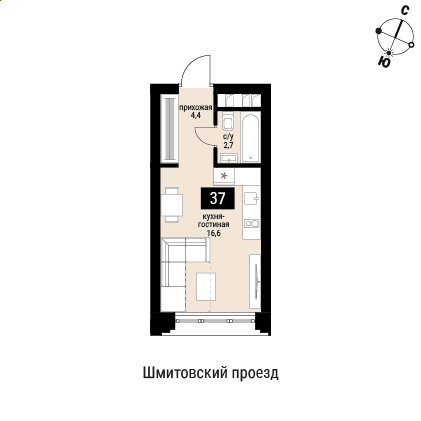 1-комнатная квартира без отделки, 24 м2, 5 этаж, сдача 2 квартал 2026 г., ЖК Шелепиха, корпус 1 - объявление 2418590 - фото №1