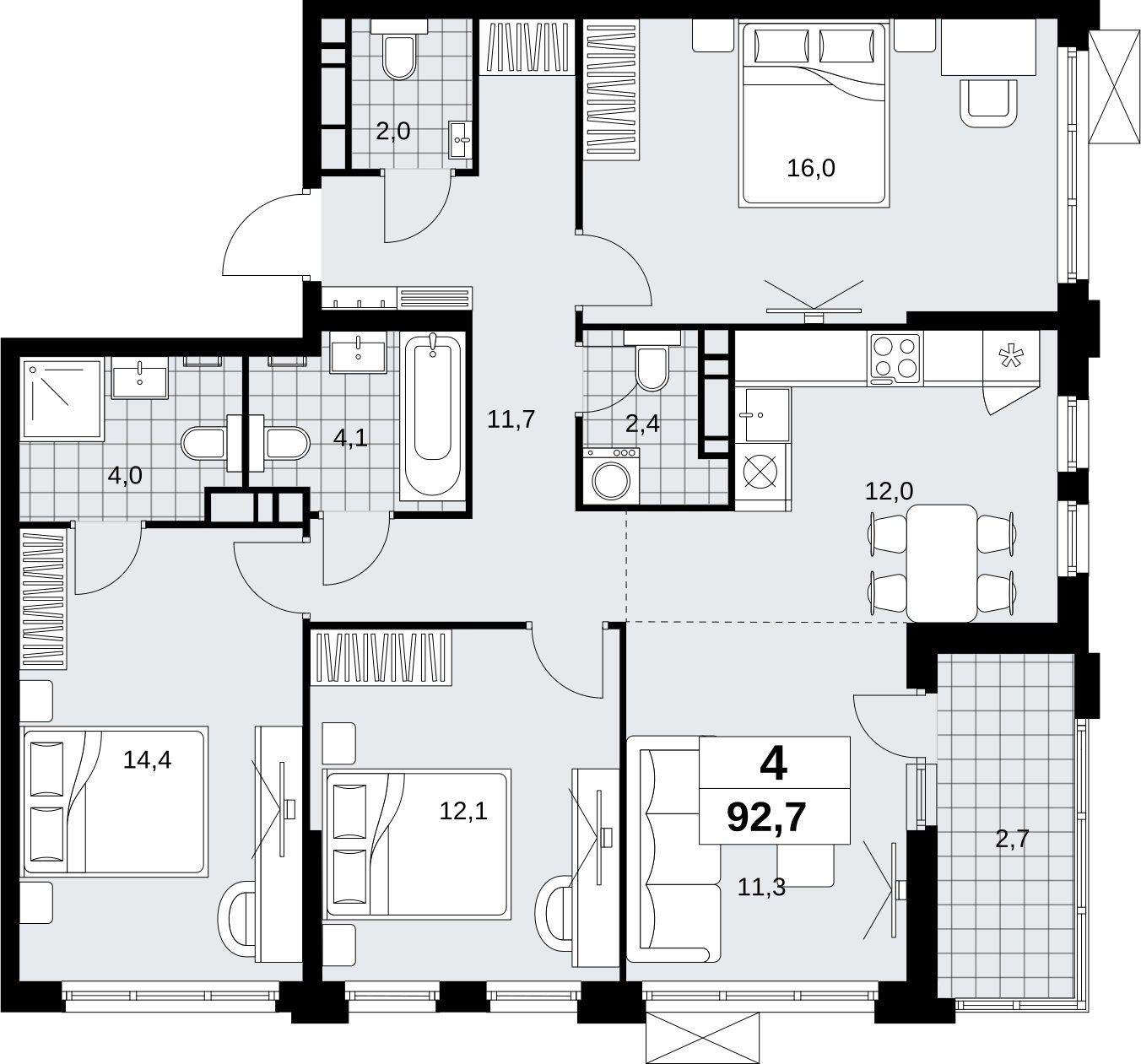 4-комнатная квартира (евро) без отделки, 92.7 м2, 14 этаж, сдача 4 квартал 2026 г., ЖК Скандинавия, корпус 2.18.2.6 - объявление 2351824 - фото №1