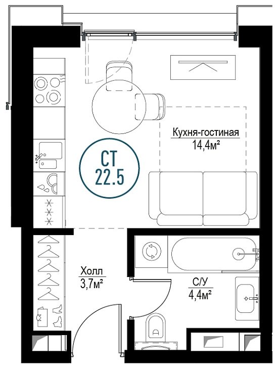 Студия с частичной отделкой, 22.5 м2, 6 этаж, сдача 3 квартал 2024 г., ЖК Метрополия, корпус Copenhagen - объявление 1937486 - фото №1