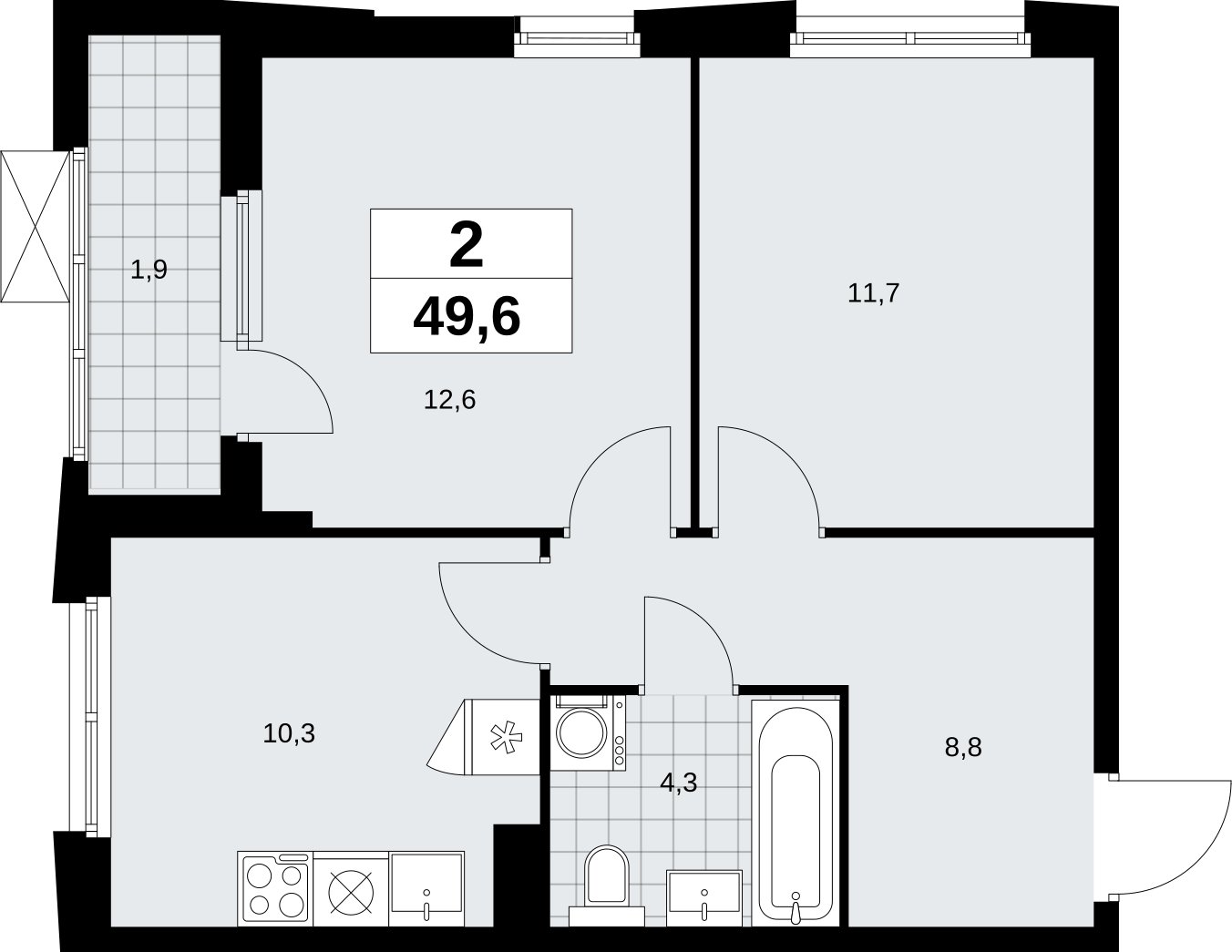 2-комнатная квартира без отделки, 49.6 м2, 8 этаж, сдача 1 квартал 2026 г., ЖК Дзен-кварталы, корпус 6.2.2 - объявление 2328679 - фото №1