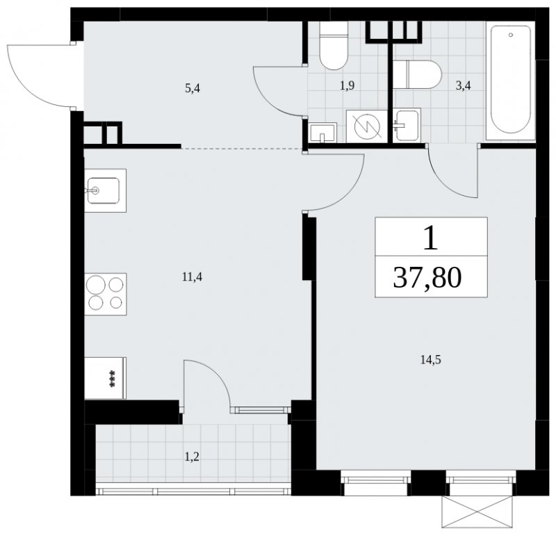 1-комнатная квартира с частичной отделкой, 37.8 м2, 3 этаж, сдача 1 квартал 2025 г., ЖК Дзен-кварталы, корпус 1.2 - объявление 1895724 - фото №1