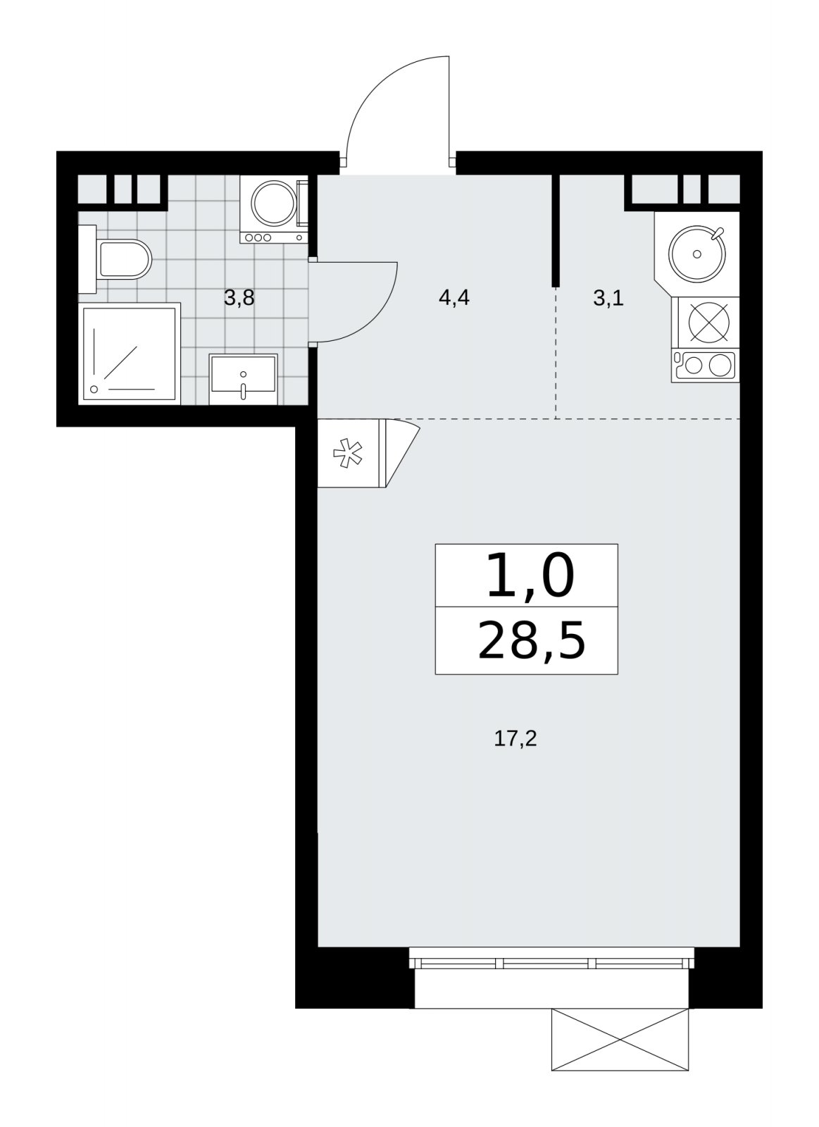 Студия с частичной отделкой, 28.5 м2, 4 этаж, сдача 1 квартал 2026 г., ЖК Бунинские кварталы, корпус 6.3 - объявление 2252649 - фото №1