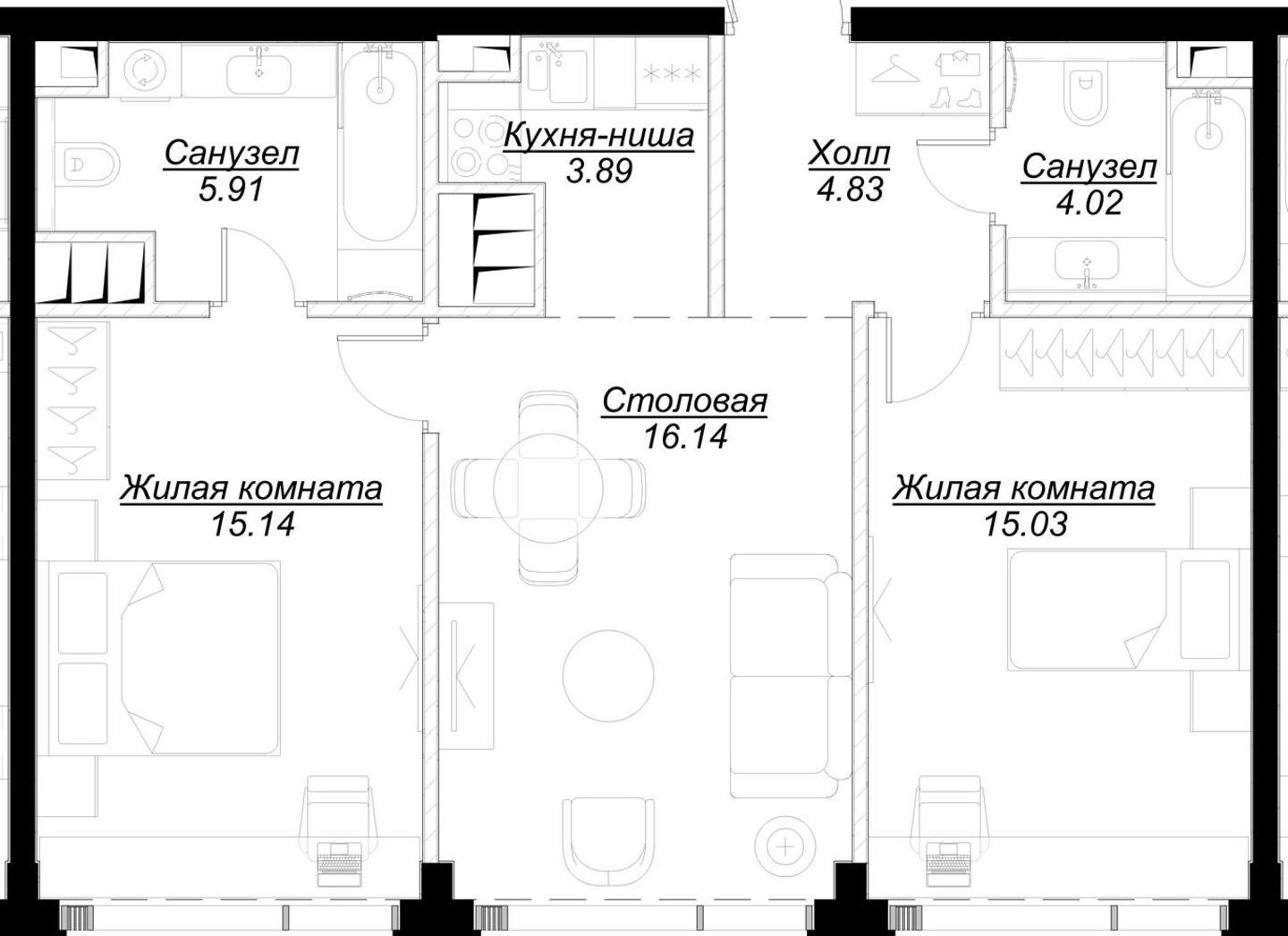 2-комнатная квартира с частичной отделкой, 64.81 м2, 46 этаж, сдача 4 квартал 2024 г., ЖК MOD, корпус Dreiser - объявление 2191576 - фото №1