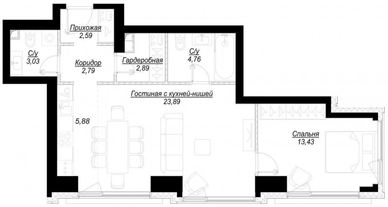 1-комнатная квартира с частичной отделкой, 59.2 м2, 4 этаж, дом сдан, ЖК Hide, корпус RiverSide - объявление 2193786 - фото №1