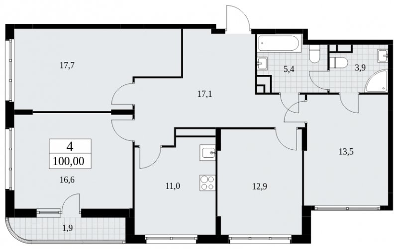 4-комнатная квартира с частичной отделкой, 100 м2, 13 этаж, сдача 4 квартал 2024 г., ЖК Скандинавия, корпус 36.1.1 - объявление 1801801 - фото №1