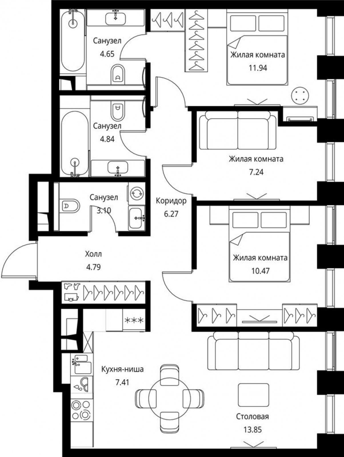 3-комнатная квартира с частичной отделкой, 74.56 м2, 23 этаж, сдача 3 квартал 2026 г., ЖК City Bay, корпус North Ocean 2 - объявление 2240597 - фото №1