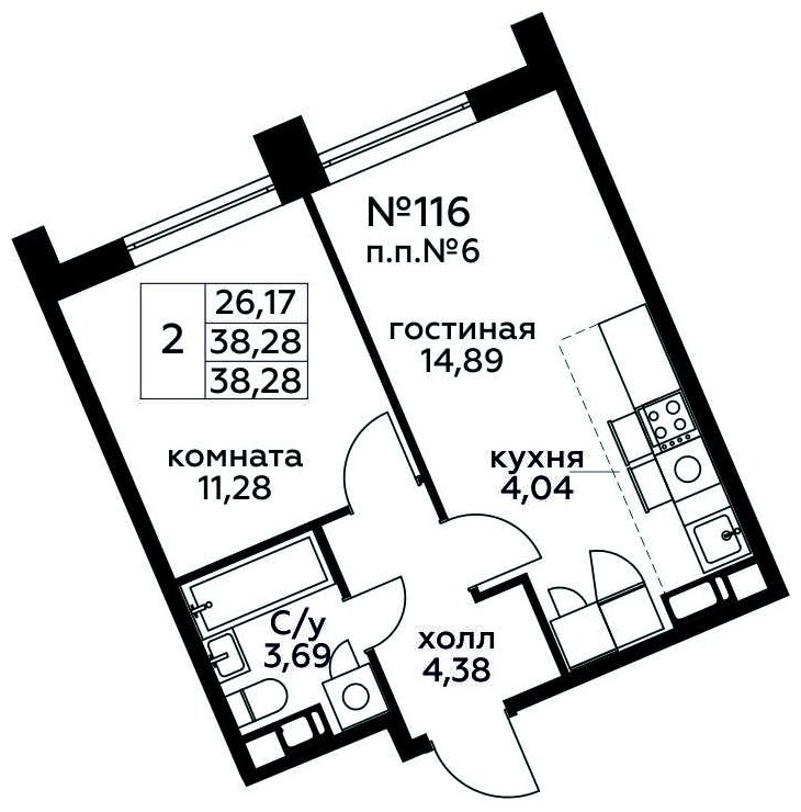 2-комнатная квартира с полной отделкой, 38.28 м2, 13 этаж, сдача 3 квартал 2024 г., ЖК МелисСад, корпус 1 - объявление 1821638 - фото №1