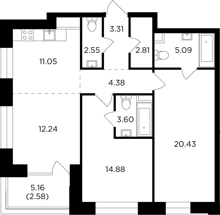 3-комнатная квартира с частичной отделкой, 82.92 м2, 14 этаж, дом сдан, ЖК FORIVER, корпус 7 - объявление 2371371 - фото №1