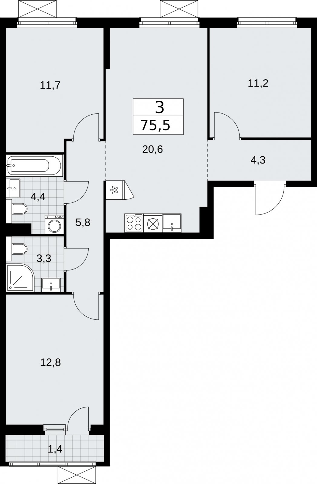3-комнатная квартира без отделки, 75.5 м2, 3 этаж, сдача 2 квартал 2026 г., ЖК Бунинские кварталы, корпус 7.3 - объявление 2313985 - фото №1