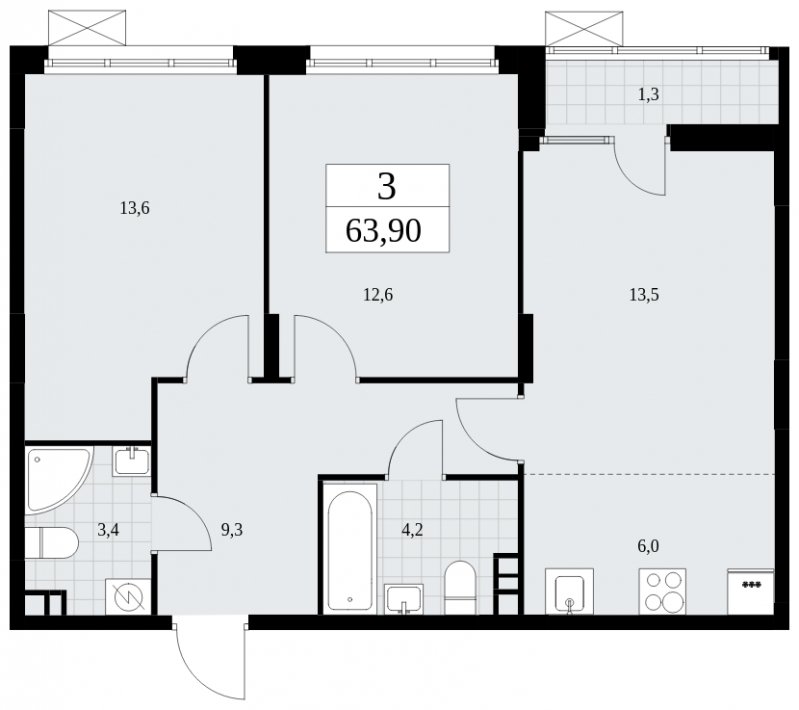 3-комнатная квартира (евро) без отделки, 63.9 м2, 3 этаж, сдача 2 квартал 2025 г., ЖК Дзен-кварталы, корпус 2.4 - объявление 1932784 - фото №1