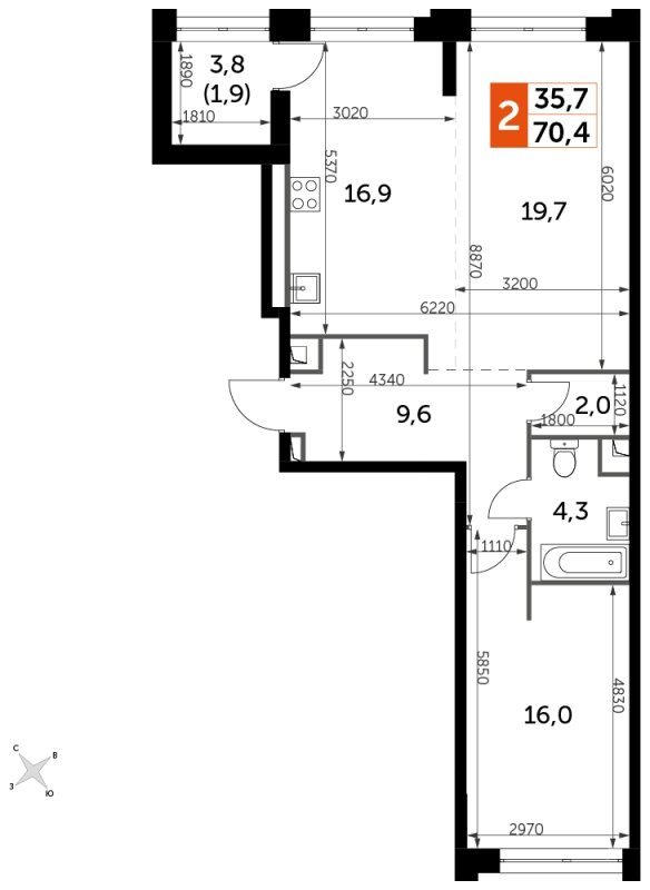 2-комнатная квартира с частичной отделкой, 70.4 м2, 22 этаж, сдача 1 квартал 2023 г., ЖК Sydney City, корпус 1 - объявление 1710106 - фото №1