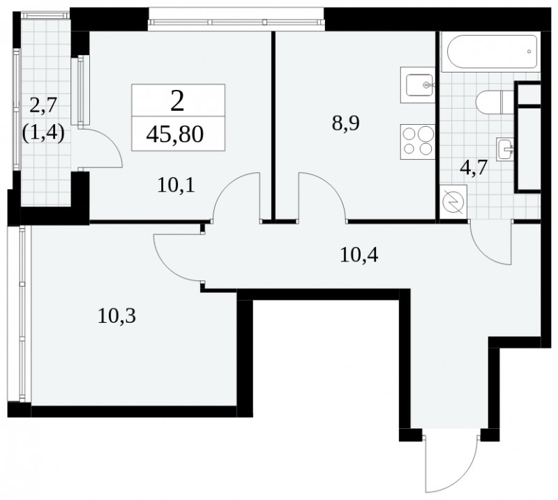 2-комнатная квартира с частичной отделкой, 45.8 м2, 28 этаж, сдача 2 квартал 2025 г., ЖК Южные сады, корпус 2.1 - объявление 1760077 - фото №1