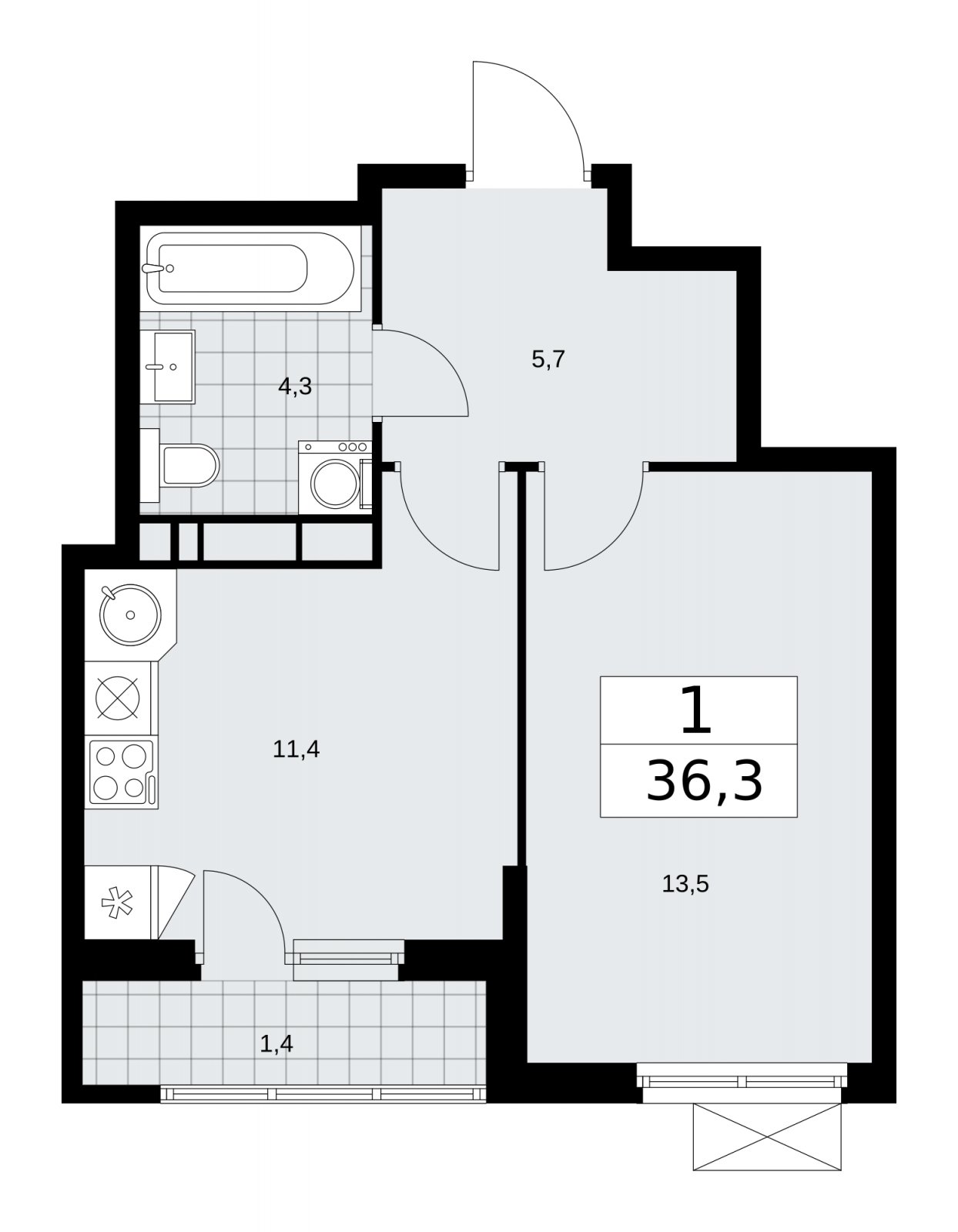 1-комнатная квартира без отделки, 36.3 м2, 11 этаж, сдача 4 квартал 2025 г., ЖК Прокшино, корпус 11.1.4 - объявление 2257552 - фото №1