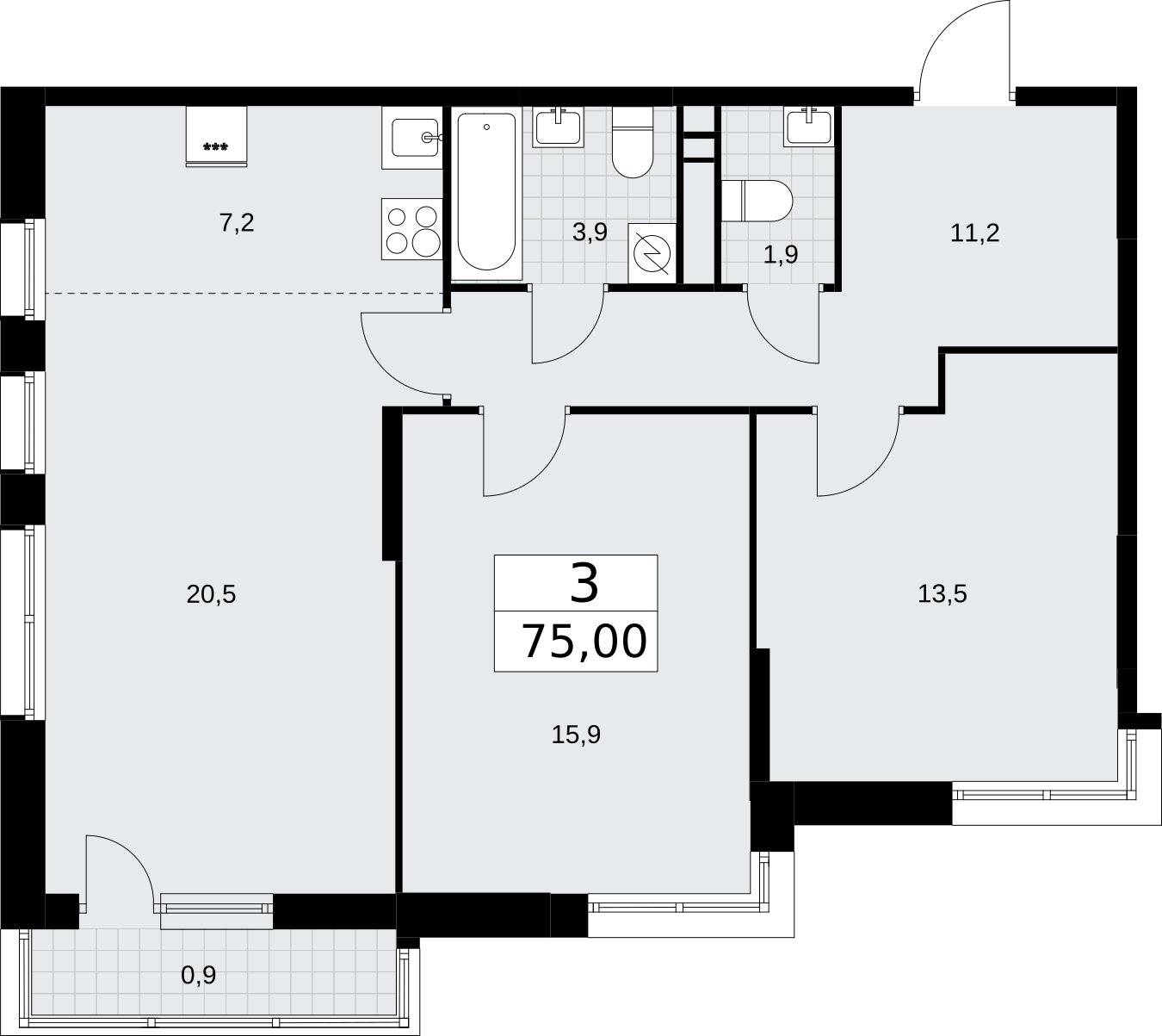 3-комнатная квартира (евро) без отделки, 75 м2, 7 этаж, сдача 3 квартал 2026 г., ЖК Родные кварталы, корпус 3.5 - объявление 2378728 - фото №1