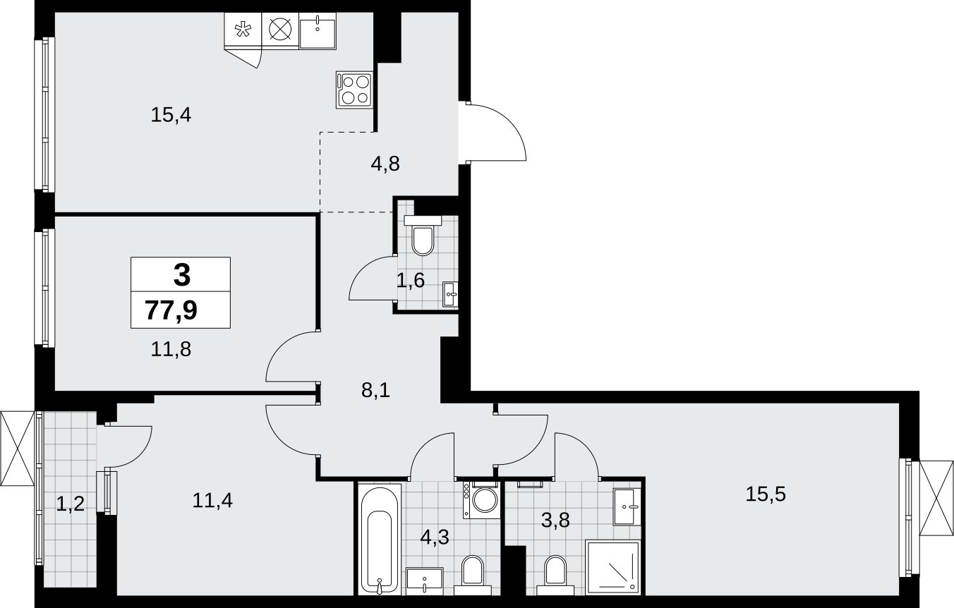 3-комнатная квартира без отделки, 77.9 м2, 7 этаж, сдача 1 квартал 2026 г., ЖК Дзен-кварталы, корпус 6.2.1 - объявление 2328482 - фото №1