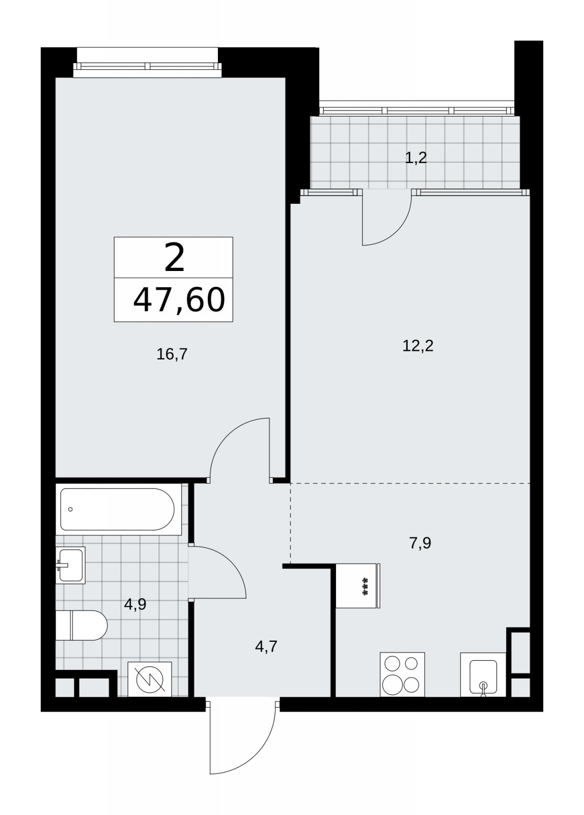 2-комнатная квартира (евро) с частичной отделкой, 47.6 м2, 13 этаж, сдача 1 квартал 2026 г., ЖК Дом на Зорге, корпус 25 - объявление 2221122 - фото №1