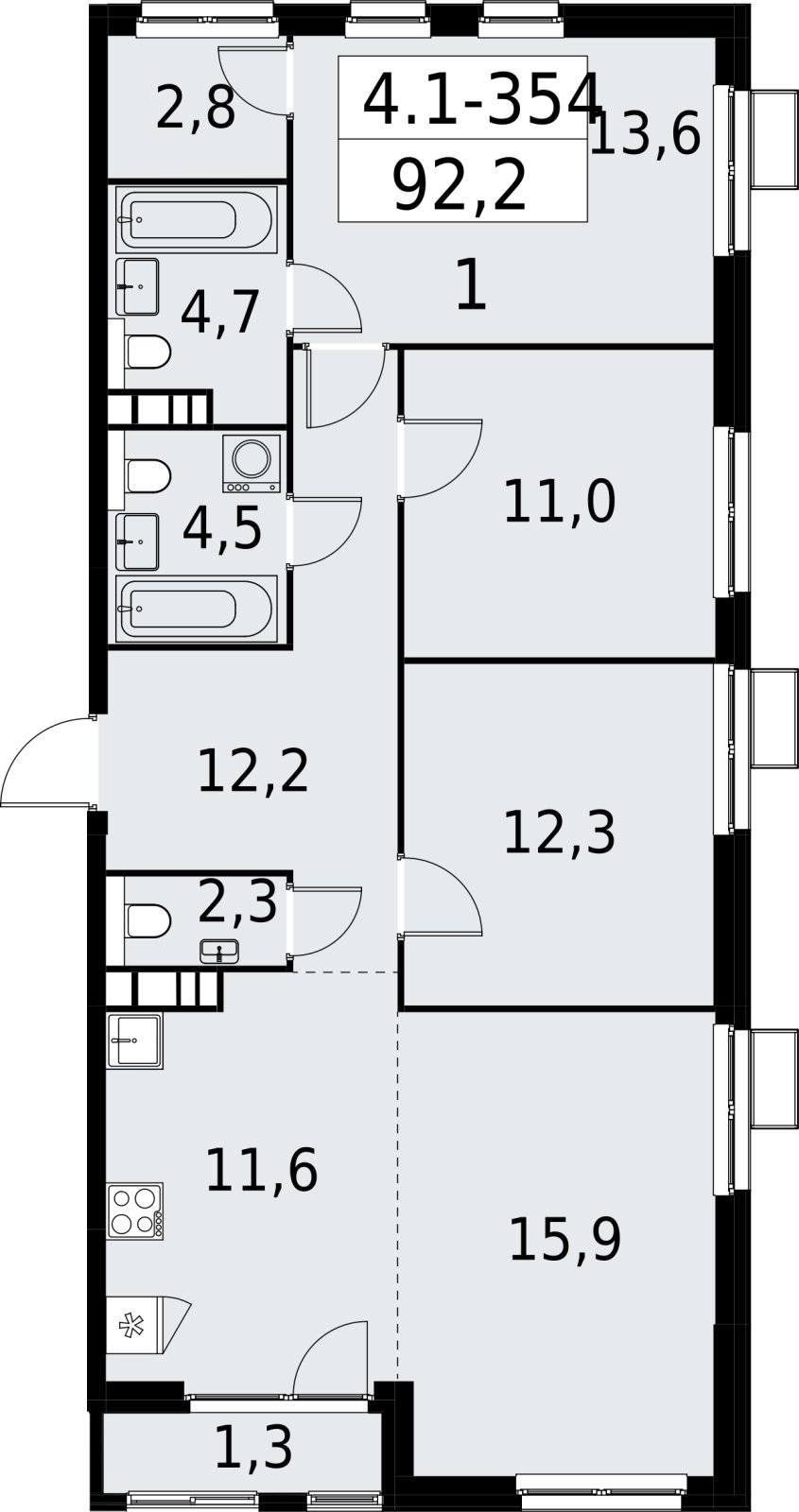 4-комнатная квартира (евро) с полной отделкой, 92.2 м2, 19 этаж, сдача 2 квартал 2027 г., ЖК Южные сады, корпус 4.1.2 - объявление 2392862 - фото №1
