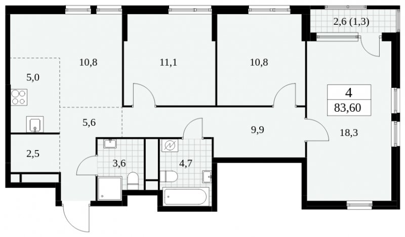 4-комнатная квартира (евро) без отделки, 83.6 м2, 3 этаж, сдача 2 квартал 2025 г., ЖК Южные сады, корпус 2.3 - объявление 1758038 - фото №1