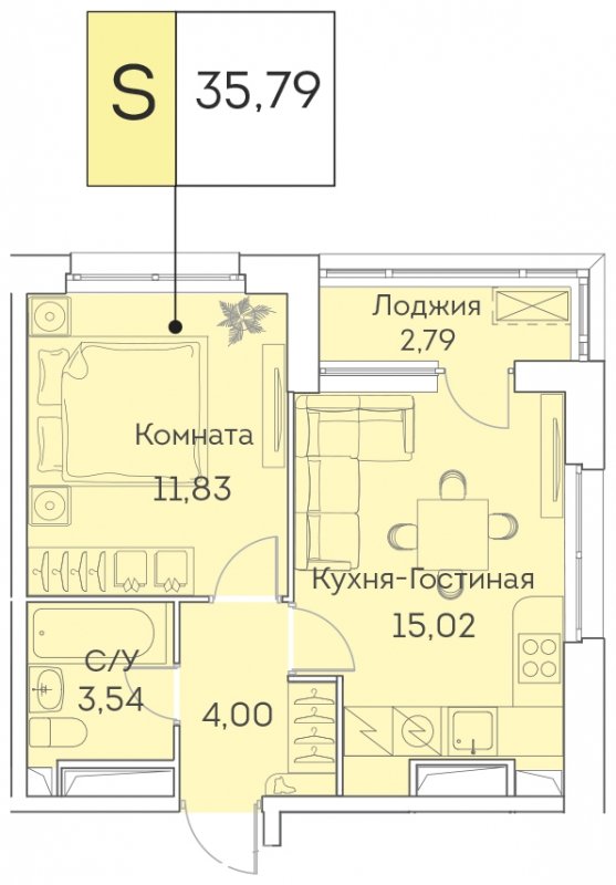 2-комнатная квартира (евро) с частичной отделкой, 35.79 м2, 12 этаж, сдача 3 квартал 2023 г., ЖК Аквилон BESIDE, корпус 1 - объявление 1419399 - фото №1