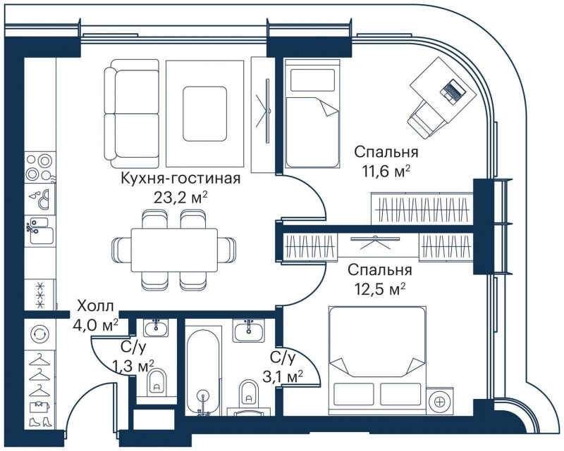 2-комнатная квартира с частичной отделкой, 55.7 м2, 15 этаж, сдача 4 квартал 2023 г., ЖК City Bay, корпус Atlantic Ocean 2 - объявление 1645505 - фото №1