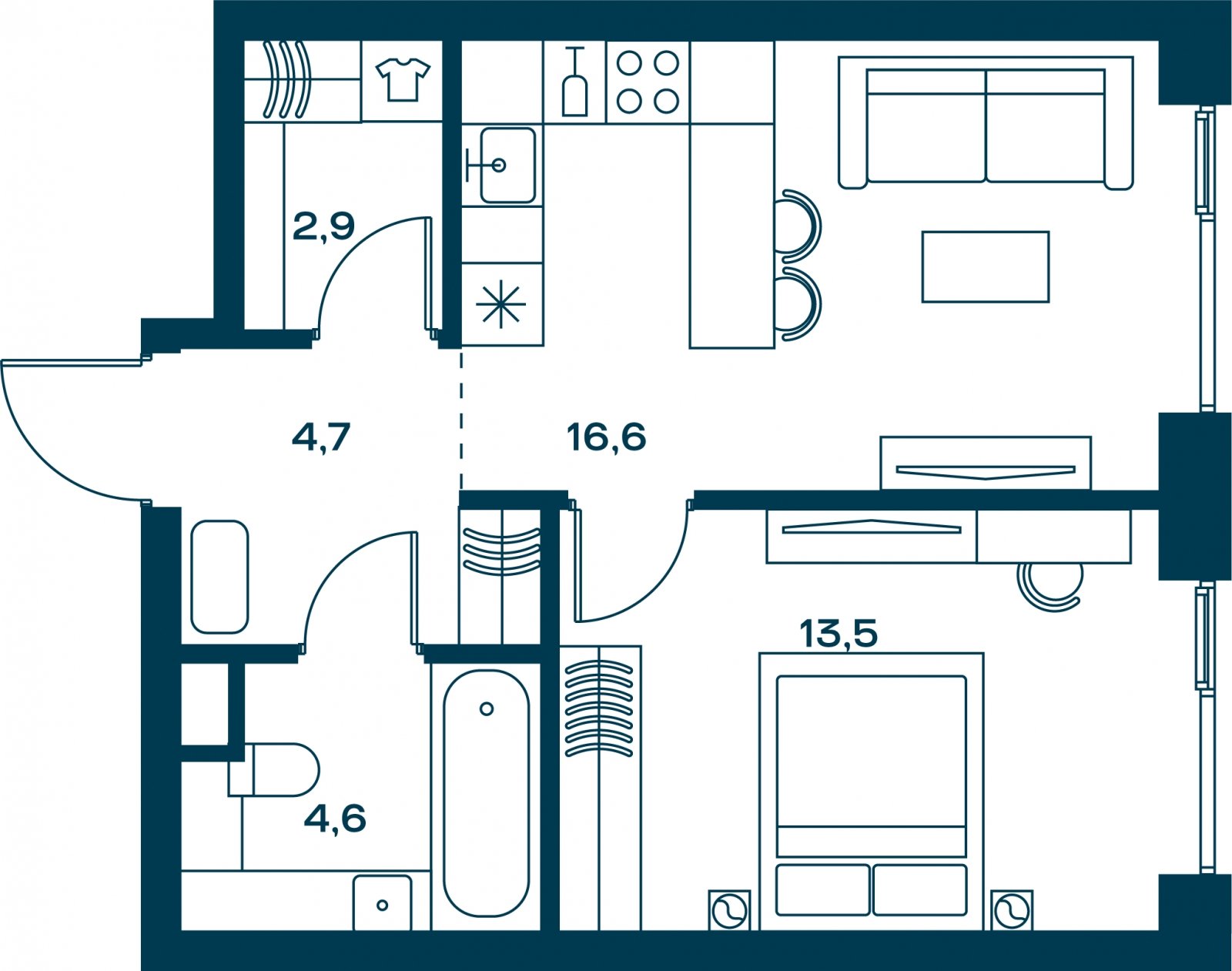 1-комнатная квартира без отделки, 42.3 м2, 19 этаж, сдача 4 квартал 2026 г., ЖК SOUL, корпус 5 - объявление 2329842 - фото №1
