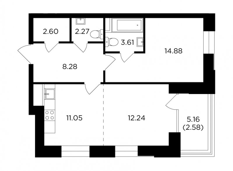 2-комнатная квартира без отделки, 57.51 м2, 11 этаж, сдача 4 квартал 2023 г., ЖК FORIVER, корпус 11 - объявление 1834936 - фото №1