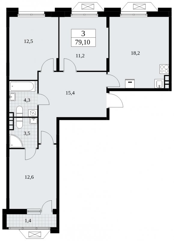 3-комнатная квартира без отделки, 79.1 м2, 9 этаж, сдача 4 квартал 2024 г., ЖК Бунинские кварталы, корпус 1.3 - объявление 1834666 - фото №1