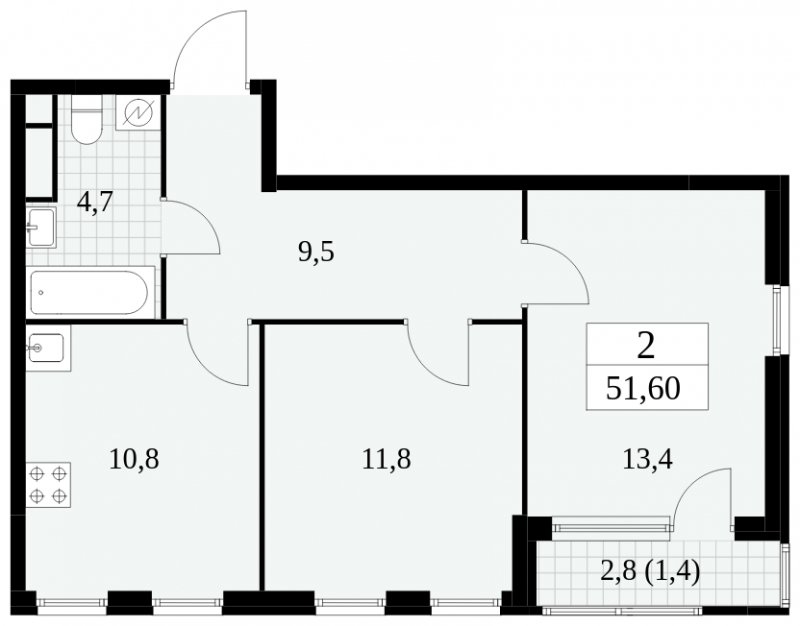 2-комнатная квартира без отделки, 51.6 м2, 12 этаж, сдача 2 квартал 2025 г., ЖК Южные сады, корпус 2.4 - объявление 1760326 - фото №1