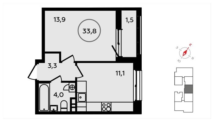 1-комнатная квартира с частичной отделкой, 33.8 м2, 4 этаж, сдача 3 квартал 2024 г., ЖК Скандинавия, корпус 22.3 - объявление 1625560 - фото №1