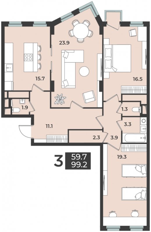 3-комнатная квартира 99.2 м2, 5 этаж, дом сдан, ЖК Лефорт, корпус 3 - объявление 1873528 - фото №1