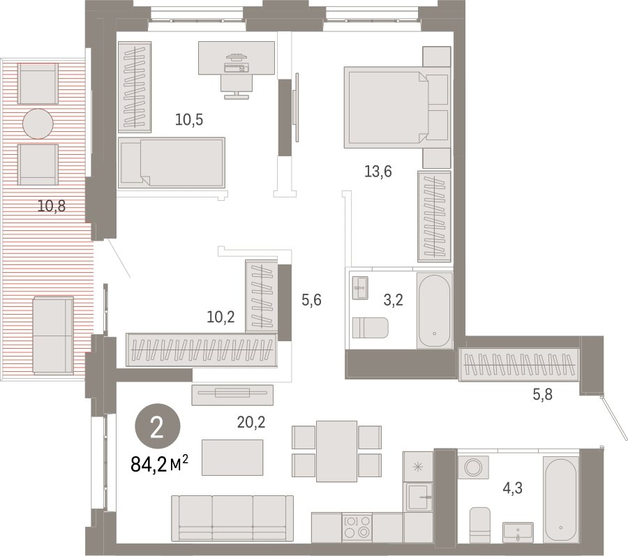 3-комнатная квартира с частичной отделкой, 84.2 м2, 2 этаж, сдача 3 квартал 2026 г., ЖК Квартал Метроном, корпус 1 - объявление 2300650 - фото №1