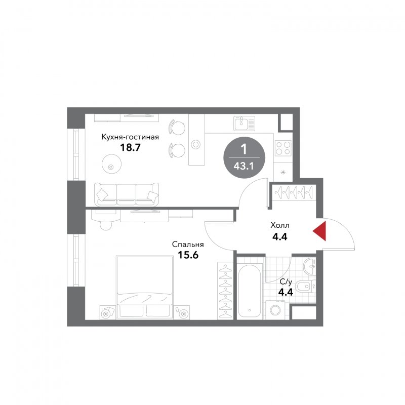 1-комнатные апартаменты без отделки, 43.1 м2, 13 этаж, сдача 3 квартал 2025 г., ЖК VOXHALL, корпус 4 - объявление 1793726 - фото №1