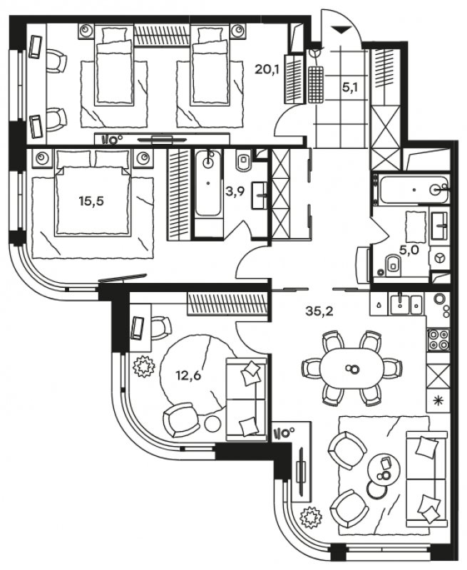4-комнатные апартаменты без отделки, 97.4 м2, 24 этаж, дом сдан, ЖК Level Стрешнево, корпус Юг - объявление 1567322 - фото №1