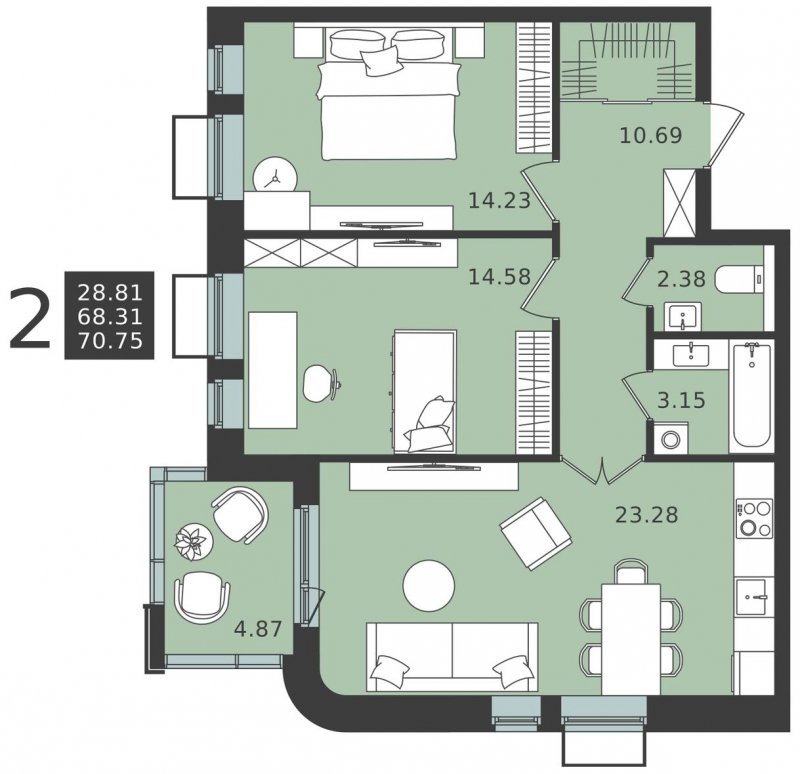 2-комнатная квартира без отделки, 70.75 м2, 2 этаж, сдача 1 квартал 2024 г., ЖК Мишино-2, корпус 6 - объявление 1949092 - фото №1