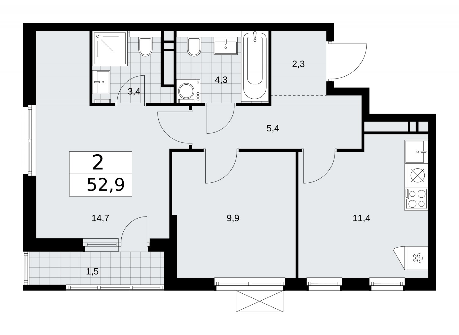2-комнатная квартира без отделки, 52.9 м2, 9 этаж, сдача 1 квартал 2026 г., ЖК Прокшино, корпус 11.2.1 - объявление 2269804 - фото №1