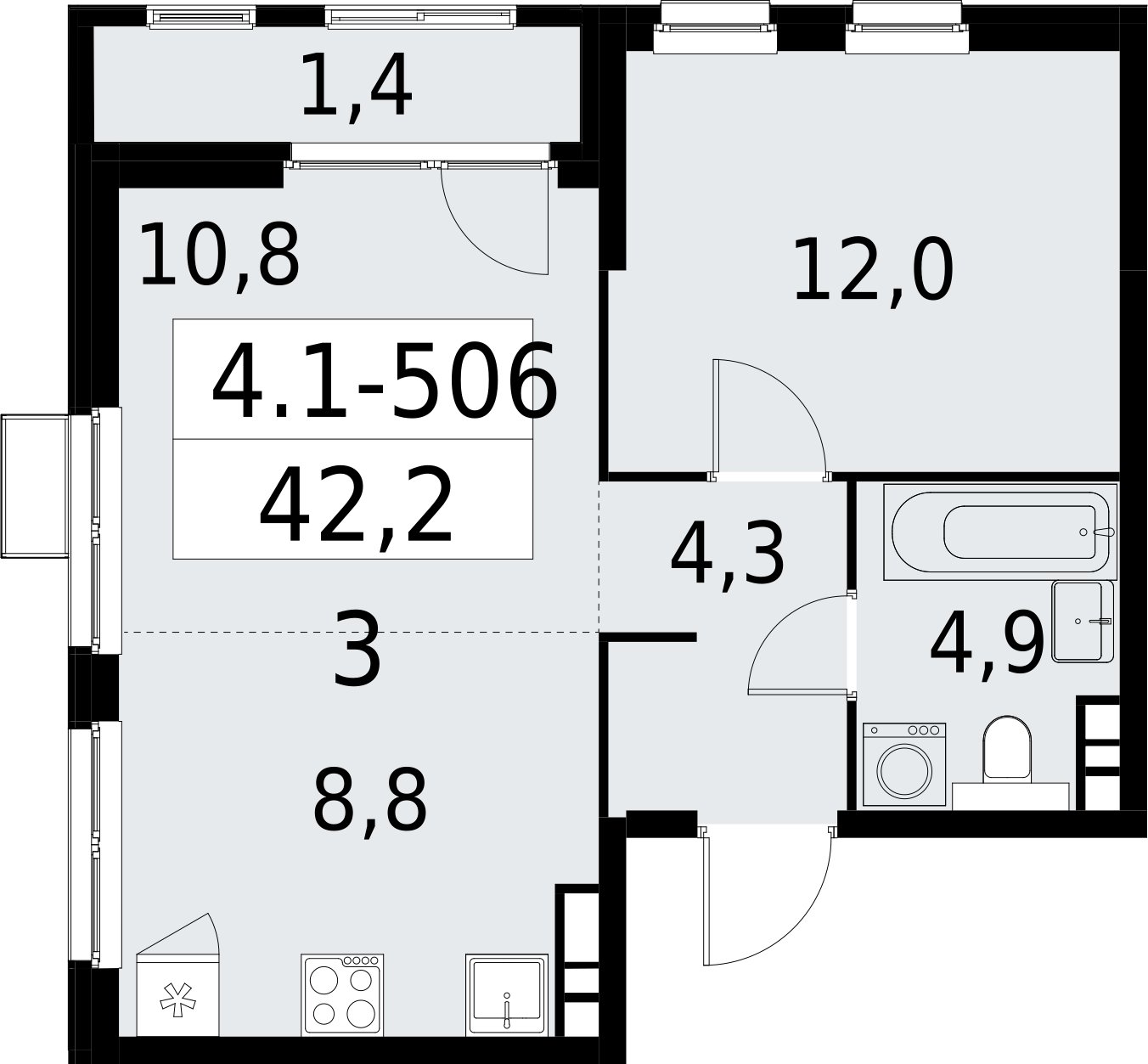 2-комнатная квартира (евро) с полной отделкой, 42.2 м2, 17 этаж, сдача 2 квартал 2027 г., ЖК Южные сады, корпус 4.1.2 - объявление 2393011 - фото №1