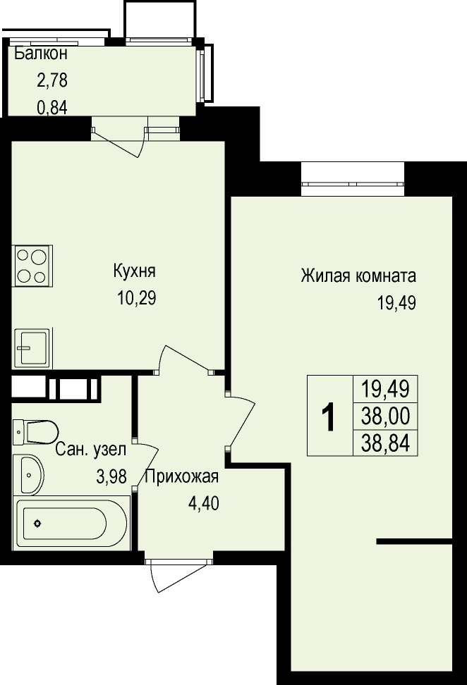 1-комнатная квартира без отделки, 39.1 м2, 2 этаж, дом сдан, ЖК Новая Щербинка, корпус 13 - объявление 2095521 - фото №1