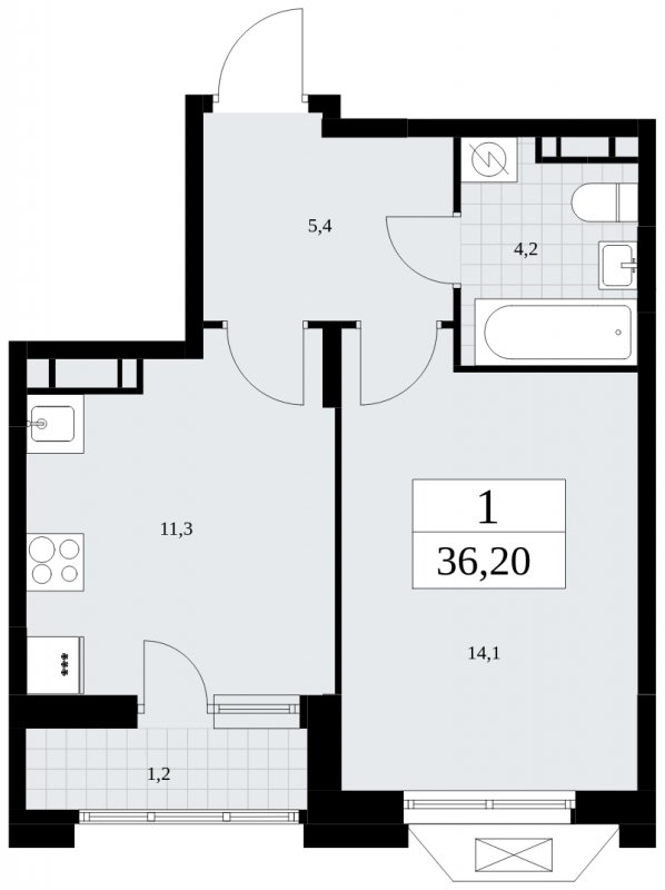 1-комнатная квартира без отделки, 36.2 м2, 11 этаж, сдача 4 квартал 2024 г., ЖК Бунинские кварталы, корпус 1.3 - объявление 1834607 - фото №1